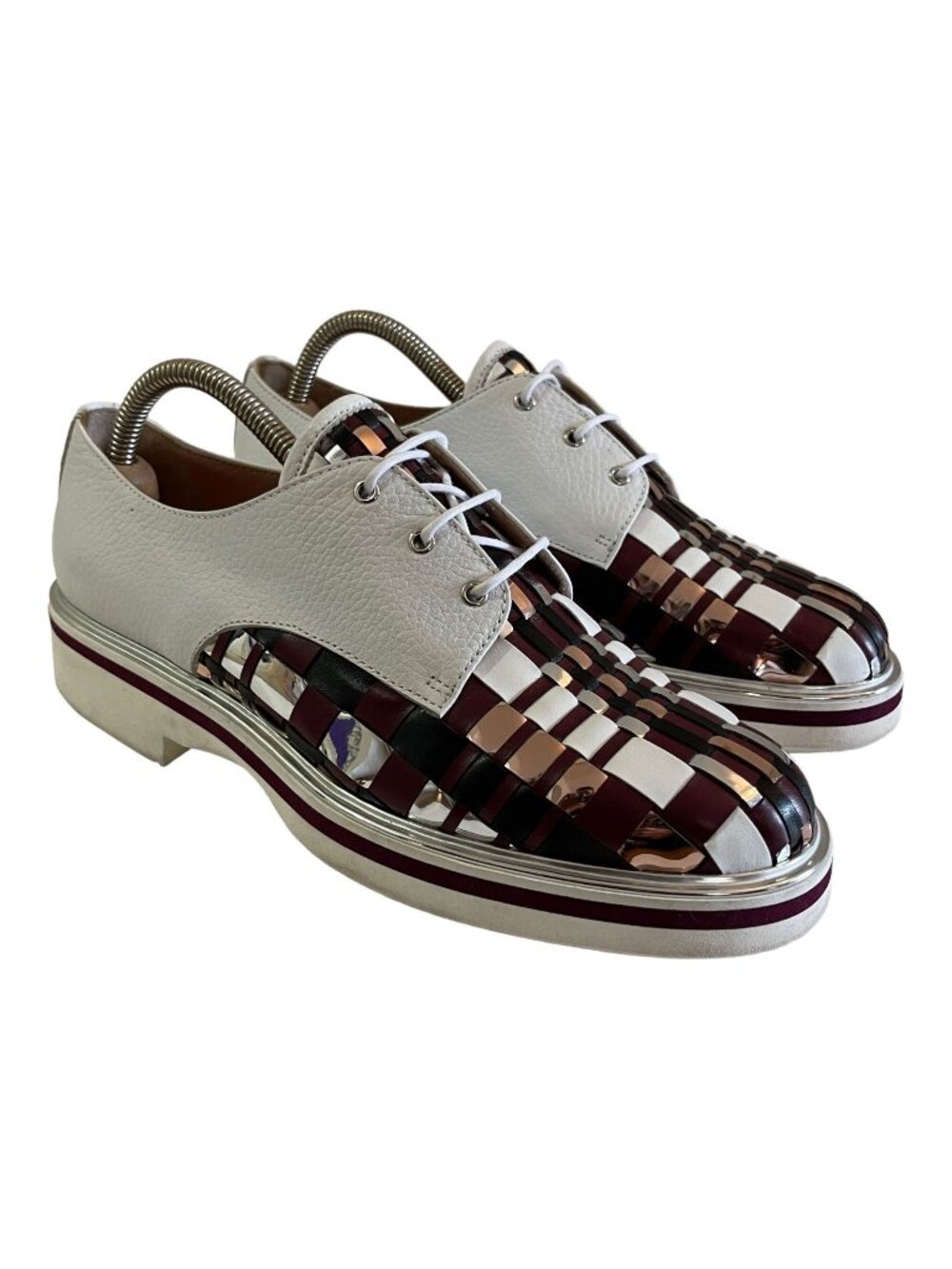 Pollini Size 39 Woven Leather Derby Shoes Burgundy Silver Metallic Woven Lace Up